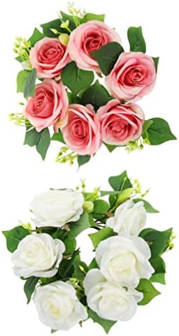 טבעות נרות פרחים של ויקסי טבעות זרי 2 יחידות ורדים מלאכותיים טבעות נרות עם טבעת נרות עלים ירוקים לקישוט הגדרת שולחן מסיבות חתונה באביב
