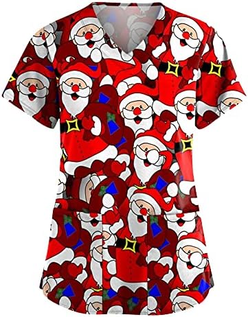 חג המולד חולצות לנשים קצר שרוול צווארון סוודר אחיד חג המולד מודפס כיסי חולצה טוניקת חולצות