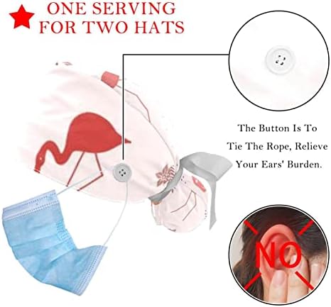 כובעים רפואיים לנשים עם כפתורים שיער ארוך, כובע עבודה מתכוונן 2 חלקים, פלמינגו ועץ דקל
