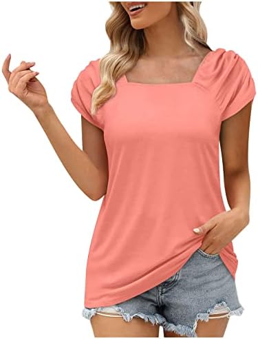 נשים כותנה חולצות משובץ קצר שרוול כיכר צוואר למעלה חולצת טי קיץ מתגנדר מקרית חולצות קומפי רגיל טיז חולצה