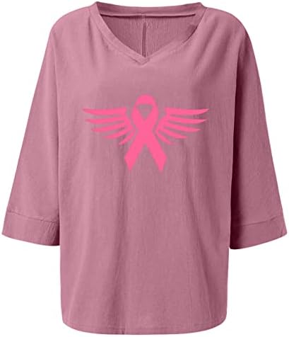AMIKADOM ורוד סרטן שד מודעות לחולצות T מזדמן נשים 3/4 שרוול עמוק V כנפי פשתן צוואר נינוחות חולצות כושר חולצות גבירותיי L