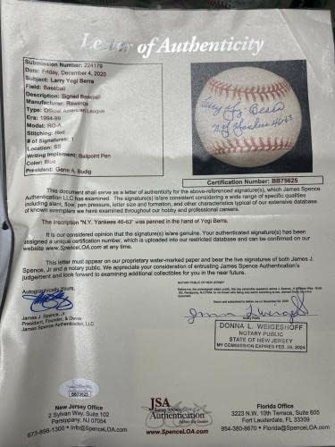 לארי יוגי Berra Ny Yankees 46-63 חתום בייסבול JSA Loa - כדורי בייסבול עם חתימה
