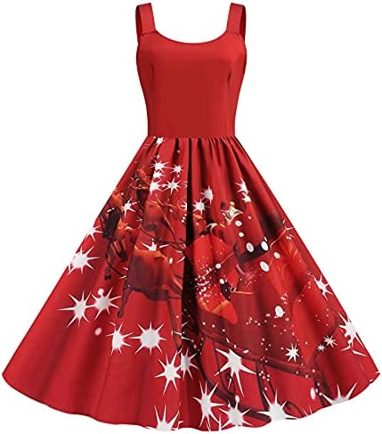 שמלת חג המולד ללא שרוולים של נשים 50s וינטג 'סקופ שמלת צוואר נדנדה שמלות מסיבת קוקטייל קוקטייל מזדמן midi שמלת קו