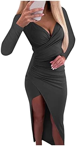 שמלות סתיו של נוקמופו לנשים 2022 צבע אחיד לנשים שרוול ארוך שרוול V-צווארון רוכסן שמלה סקסית שמלה מותניים שמלה