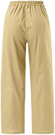 מכנסי כותנה לנשים מכנסיים ארוכים רגועים בכושר צבע מוצק מכנסיים ישר מותניים אלסטיים נמתחים מכנסי רגל רחבים עם כיסים