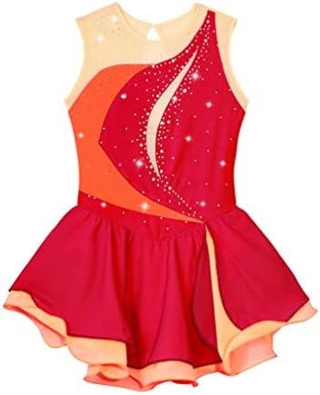 Jhaoyu ילדים בנות ריינסטון דמות ללא שרוולים קרח שמלת קרח צבע בלוק בלוק ריקוד טוטו תחרות תחרות בגד גוף טוטו