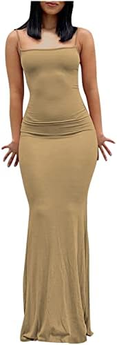 נשים סקסי ללא שרוולים מקסי שמלות בגד גוף נמתח ספגטי רצועת המפלגה שמלות נמוך לחתוך קאמי מקרית קיץ שמלות