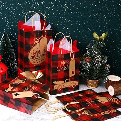 אנקו 24 חתיכות חג המולד קראפט מתנת שקיות עם 30 חתיכות רקמות נייר 24 חתיכות תגים אדום ושחור באפלו משובץ מתנת תיק עם ידיות עבור חג המולד