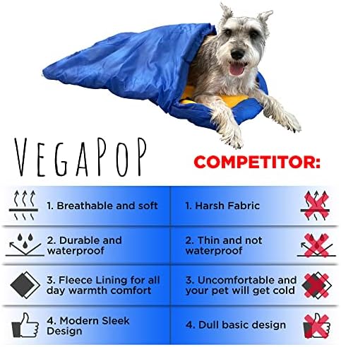 Vegapop Blue כלב שק שינה לכלבים בינוניים עם שקית אחסון- שמיכה אטומה למים חמה או כרית לחיות מחמד- מושלמות לקמפינג, ימי חוף, תרמילאים, נסיעה