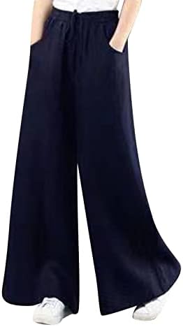 נשים כותנה רך פאלאצו רחב רגל מכנסיים עם כיסים גבוהה מותן מזדמן רופף מכנסיים זורמים עם חגורה
