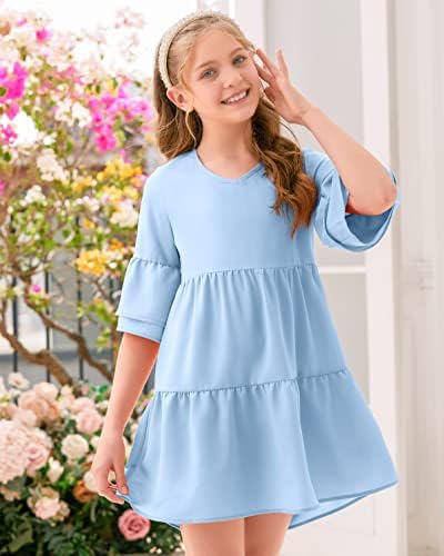 בנות קיץ שמלה לפרוע שרוול צווארון טוניקת שמלות עבור בני נוער רופף מזדמן זורם נדנדה שמלה