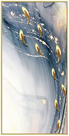 אמנות קיר תלת מימד צבוע ביד - ציור שמן יד בד יצירות אמנות אמנות תשעה דגים דמות קו זהב תקציר ציור דקורטיבי ציור שמן מרקם ציור סכין ציור