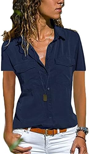 נשים דש שרוול ארוך חולצות חולצות רגיל בתוספת גודל כיסים הקדמיים להנמיך כפתור
