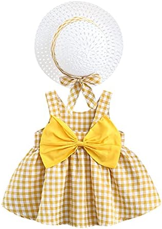 בנות תינוקות של Afavom קשת שמלת טוטו פרחונית שמלות מסיבת יום הולדת ללא שרוולים קיץ תלבושת בגדים עם כובע קש