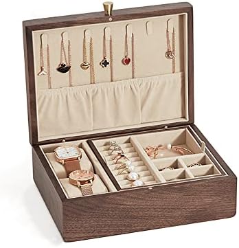 קופסת תכשיטים מעץ לנשים, שחור אגוזי עץ תכשיטים מעץ מארגן ארגון קופסת עץ סולילד עם מנעול משולב לתכשיטים, שעונים, שרשרת, טבעת, קופסת אחסון