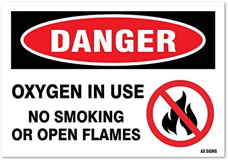 סכנה: חמצן בשימוש ללא עישון, רוחב X 5 בגובה 3.5, שחור/אדום על לבן, מדבקת ויניל דבק עצמי, שימוש פנים וחוץ, ללא חלודה, מוגנת UV, אטום למים