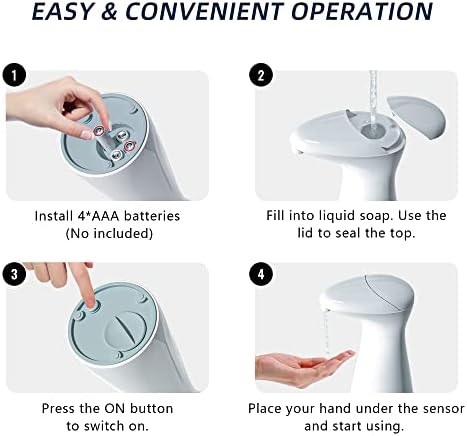 מתקן סבון אוטומטי/ מתקן חומר ניקוי יד אוטומטי ללא נגיעה, בסיס אטום למים משודרג, חיישן תנועה אינפרא אדום, למטבח, חדר אמבטיה, לבן