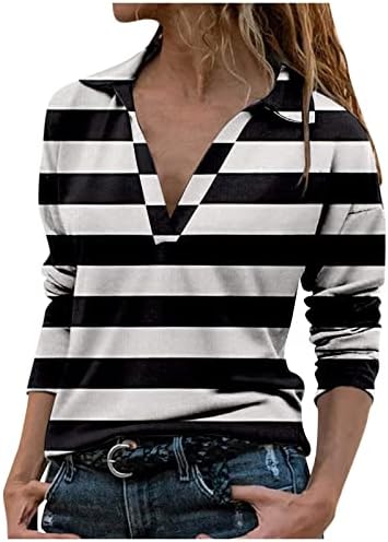 חולצות לנשים דש צווארון פסים הדפסת חולצות טוניקה בכושר דק חולצות טיז אימון שרוול ארוך חולצות הנלי מתגנדר