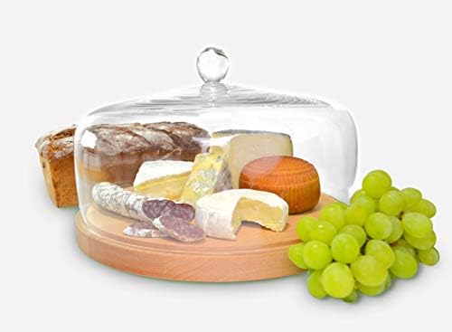 עץ עוגת מגש-עם זכוכית כיפת-כיסוי - עגול-שרת עבור גבינה-מאפים-סופגניות-11.625 קוטר-6.75 גובה-על ידי ברסקי-תוצרת אירופה