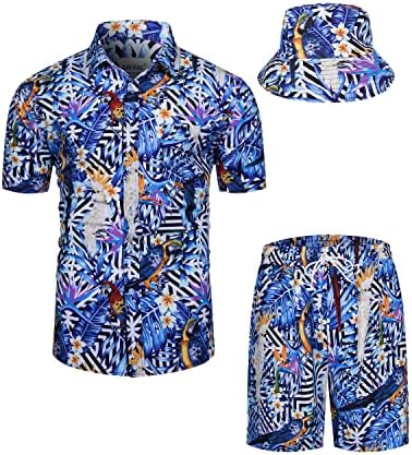 חולצות הוואי של Tunevuse Mens Shirts ומכנסיים קצרים קבעו 2 חתיכות תלבושת טרופית כפתור הדפסת פרחים למטה חליפת חוף עם כובעי דלי