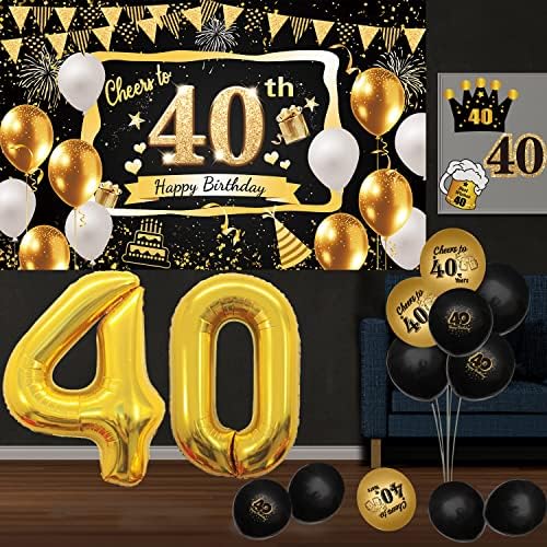 קישוטים ליום הולדת 40 לגברים, 90 יח 'זהב שחור זהב 40 וקישוטי יום הולדת נהדרים, כולל באנר 40, כתר, בלונים, טופרי עוגה, צלחות, אבזרי צילום,