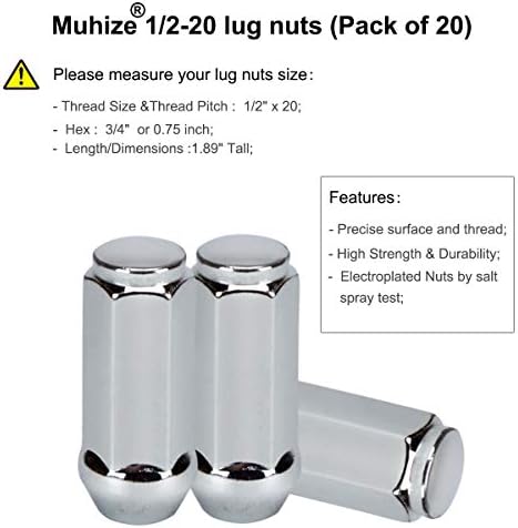 Muhize 1/2x20 אגוזי מזוודות - 20 יחידות משודרגות ערכת אגוזי גלגל כרום, 1.89 אינץ 'גובה נפיחה אגוז 1/2 אינץ' 20/אינץ 'משושה קצה סגור, תואם