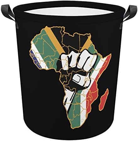 שחור כוח אפריקה אגרוף מפת סלי כביסה עם ידיות עמיד למים מתקפל עגול בגדי סל אחסון ארגונית