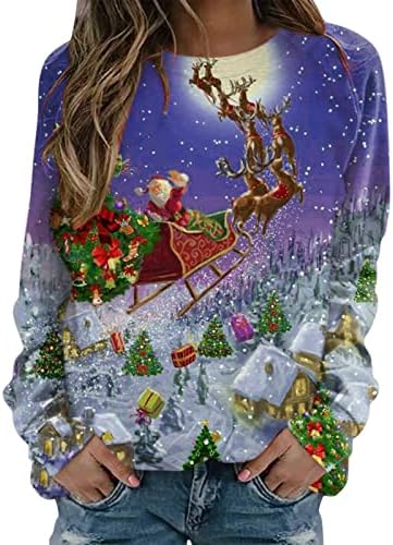 חמוד חולצות רופף נשים סווטשירט ארוך שרוול סוודר צווארון עגול חג המולד חולצות גרפי חולצות טרנדי