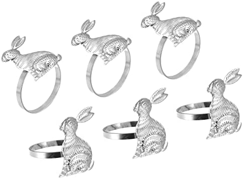 טבעות מפיות מתכת UXCELL סט של 6, אבזם טבעת מפית ארנב לקישוטים לשולחן אוכל מסיבת חג יום הולדת לחתונה, טון כסף