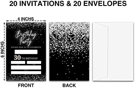 הזמנות למסיבת יום הולדת שחור וכסף של Lefohlon, כרטיסי הזמנה ליום הולדת נצנצים כפול-צדדי עם מעטפות, כל ציוד למסיבות גיל-D51