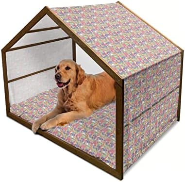 בית כלבי עץ מצויר של אמבסון, נושא חד קרן צבעוני על עננים רכים גרפיקה שמחה ומצחיקה, מקורה וחיצונית מלונה כלבים ניידת עם כרית וכיסוי, 2x-גדול,