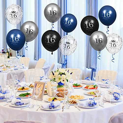 בלוני יום הולדת לטקס 16, 16 יחידות כחול כהה כסף שחור בלוני יום הולדת 16 שמחים, כסף כחול 16 קישוטי מסיבת יום הולדת בלונים לבנים בנות יום