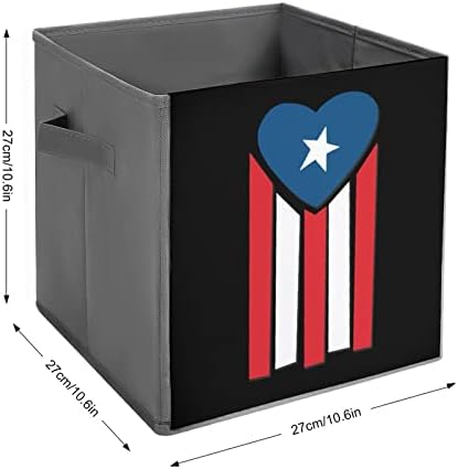דגל פוארטו ריקו לב פחי אחסון מתקפלים דפיס קופסאות סלי קוביית בד עם ידיות לצעצועי בגדים, 11x11x11