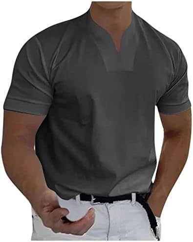 חולצות T רגילות של AMZOC גברים, צבע מוצק מזדמן של צווארון V ג'נטלמן, חולצת טריקו כושר שרוול קצר