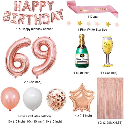 קישוטי יום הולדת 69 של Fancypartyshop - זהב רוז זהב יום הולדת שמח באנר ואבנט עם מספר 69 בלונים לטקס קונפטי בלוני אידיאלי לילדות ונשים