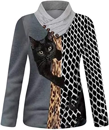 חולצות לנשים, נשים ארוך שרוול חמוד חתול פס גרפי חולצות סימטרי טוניקת חולצות קומפי חולצה טי כהה אפור