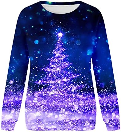 LED UP LED חולצת טי לחג המולד לנשים שרוול ארוך צמרות ניאון נופלות חמודות רופפות כושר חג המולד עץ עץ צוואר צוואר
