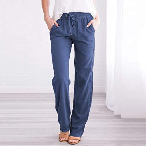 מכנסי פשתן של נשים Kcjgikpok, מכנסי פלאצו בעלי המותניים המוצקים במותניים עם מכנסי פשתן עם מכנסי קיץ לכיסים לנשים