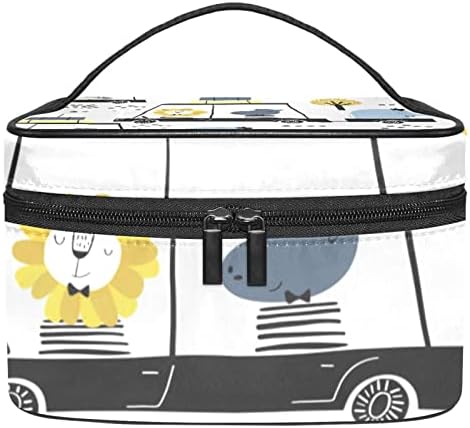 תיק איפור נסיעות של Yoyoamoy, חיות חמודות על מכונית מארגן איפור קוסמטי גדול עם תא מברשות, תיק יופי אטום למים לנשים בנות