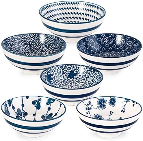 Foraineam 6 חתיכות קערת אורז פרחונית כחולה ולבן סט 8 גרם קערות דגנים בסגנון יפני, עיצובים שונים