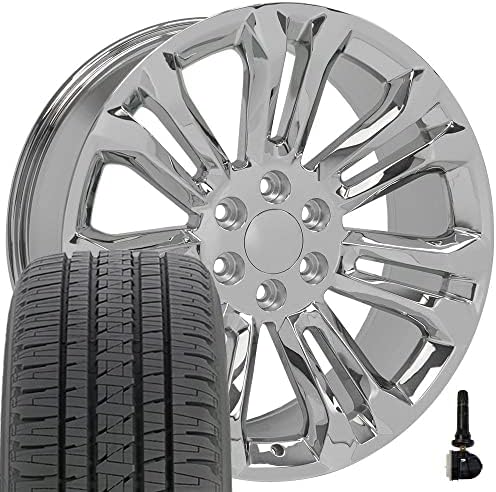 OE Wheels LLC 22 אינץ 'חישוקים מתאימים לסילברדו טאהו סיירה יוקון אסקאלדה CV43B Chrome 5666 22x9 Rims BDA Hltires TPMS סט סט